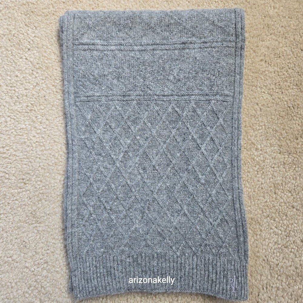 Lauren Ralph Lauren Lambswool Angora Scarf Cable Diamond Poinetlle Grey - Picture 10 of 14